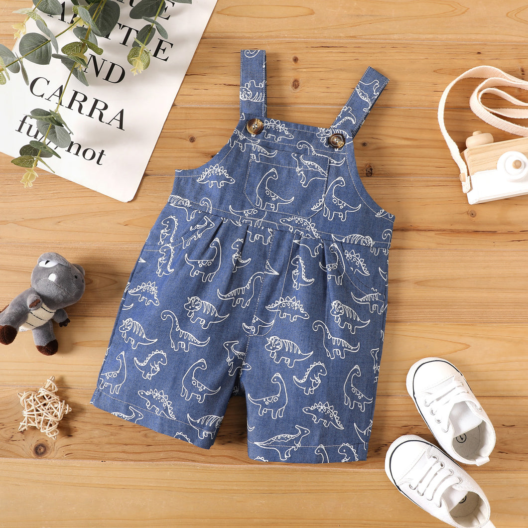 Baby Boy All Over Dinosaur Print Blue Denim Overalls Shorts