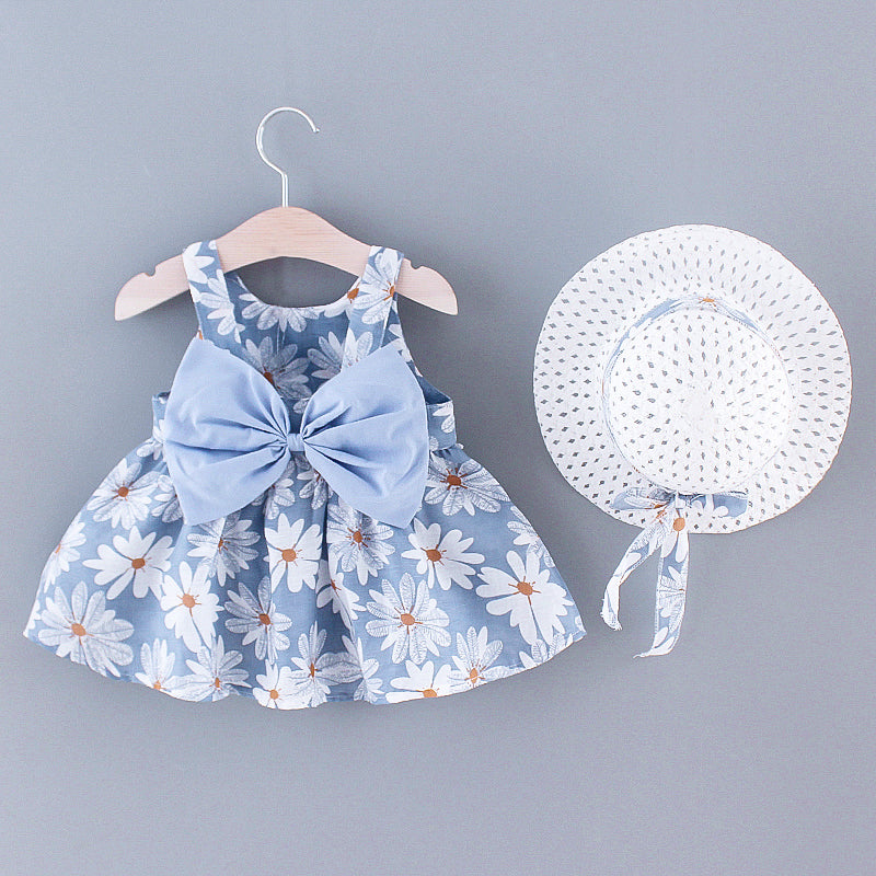 2pcs Baby Girl All Over Daisy Floral Print Bowknot Sleeveless Tank Dress with Hat Set