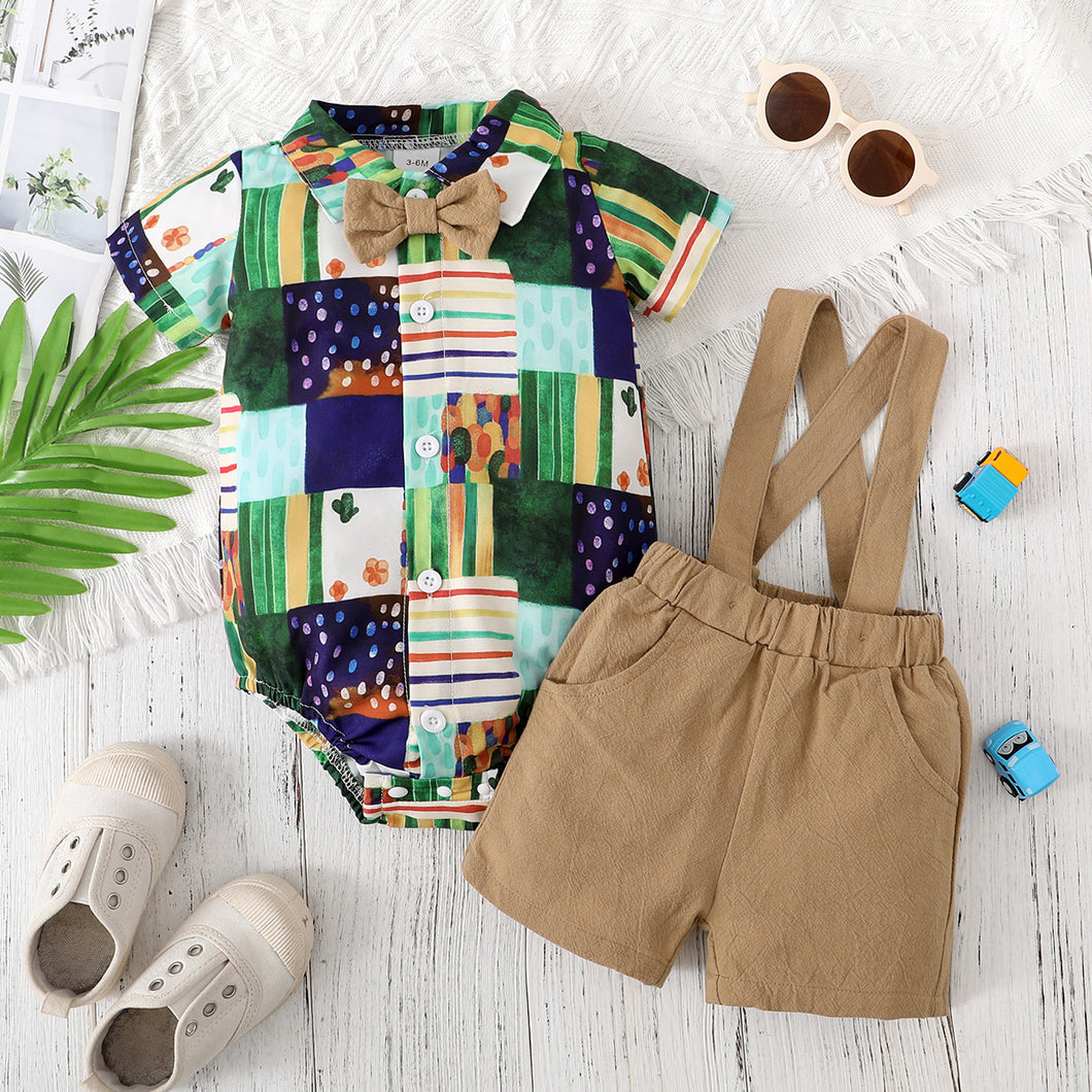 2pcs Baby Boy 100% Cotton Suspender Shorts and All Over Print Short-sleeve Romper Party Outfits Set