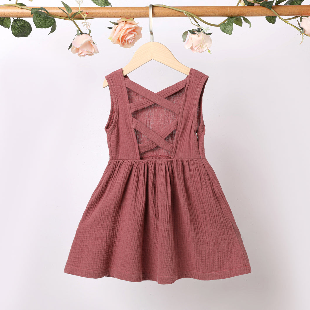 Toddler Girl 100% Cotton Backless Crisscross Sleeveless Brick Red Dress