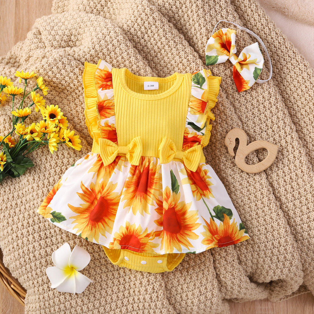 2pcs Baby Girl 95% Cotton Ribbed Splice Sunflower Print Ruffle Trim Bow Front Sleeveless Romper with Headband Set