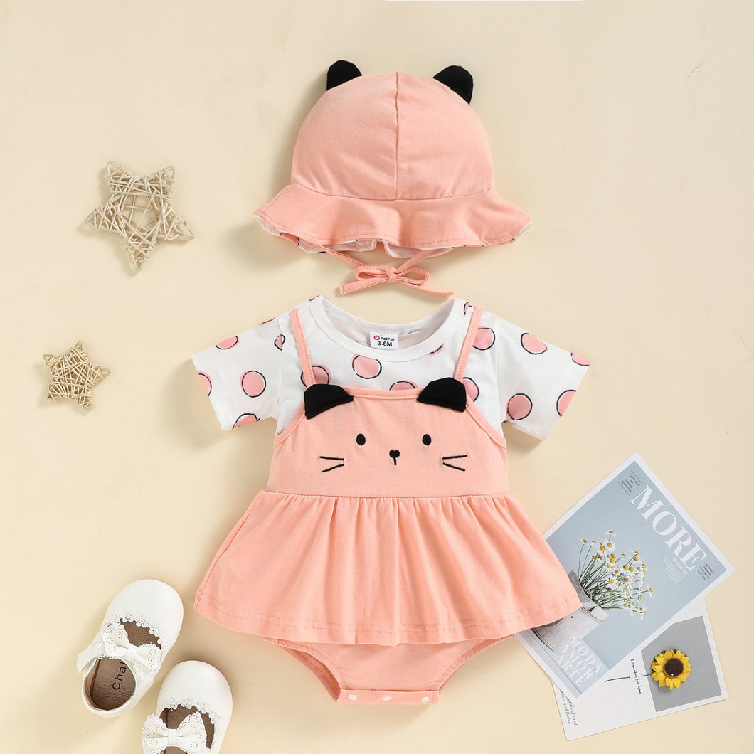 2pcs Baby Girl 95% Cotton Dots Short-sleeve Splicing Cartoon Embroidered 3D Ears Romper with Hat Set