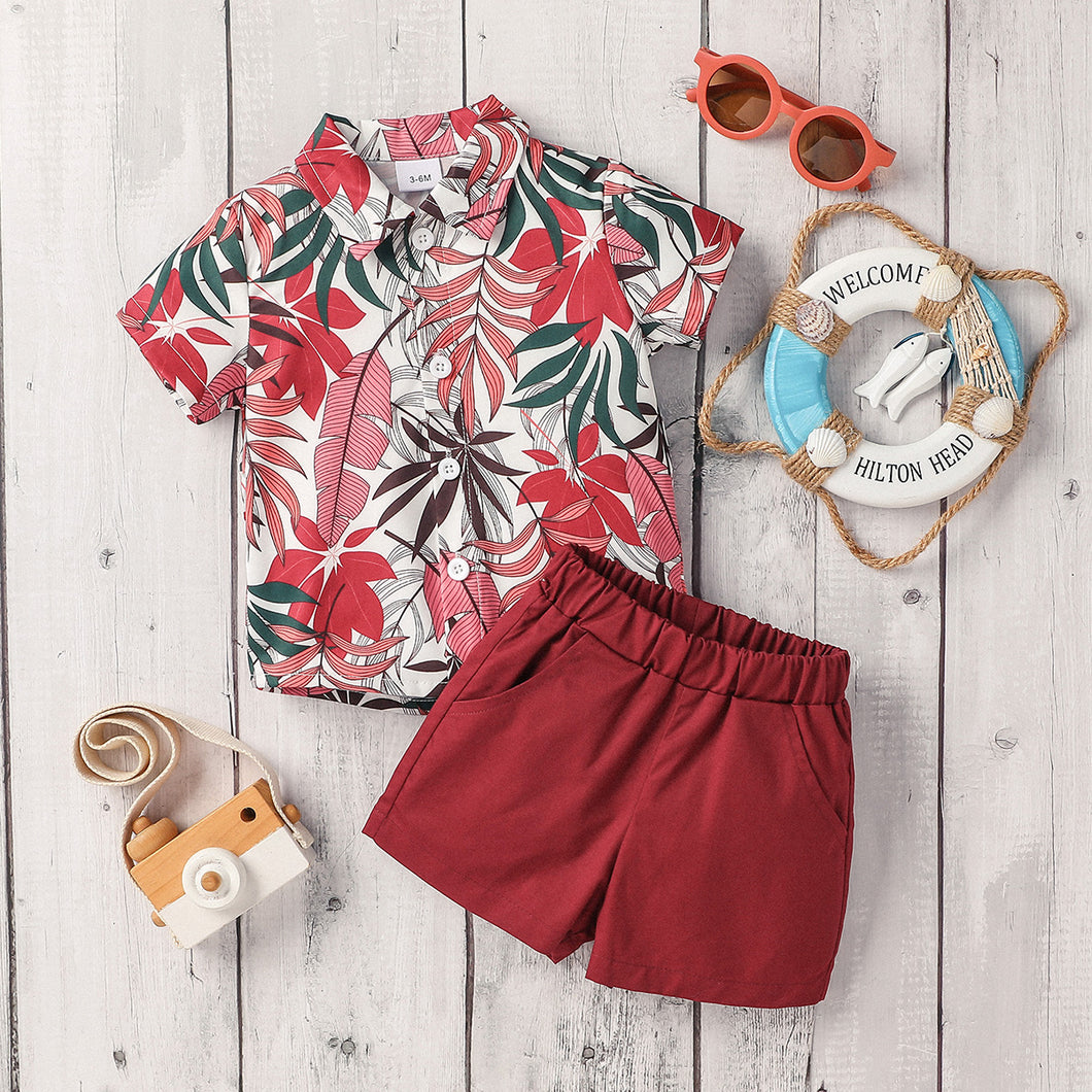 2pcs Baby Boy Short-sleeve Allover Tropical Plant Print Hawaiian Shirt and Solid Shorts Set