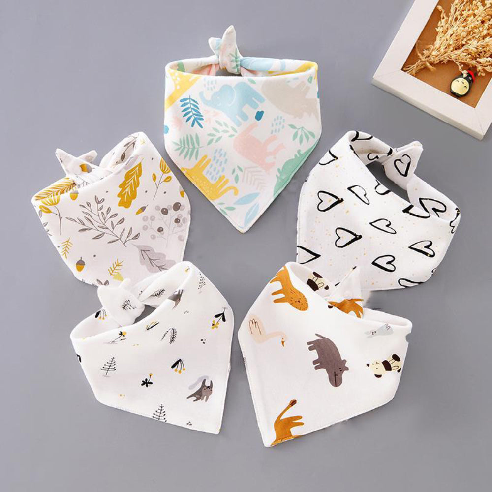 5-pack 100% Cotton Snap Button Baby Bibs Cartoon Pattern Toddler Triangle Scarf Bibs for Feeding & Drooling & Teething