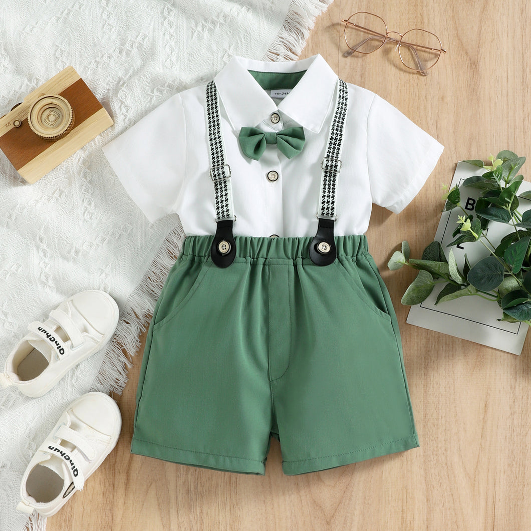 2pcs Toddler Boy Gentleman Suit, Bow tie Design Lapel Collar Shirt and Adjustable Suspender Shorts Set