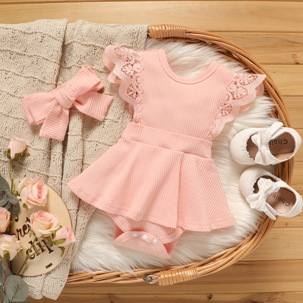 2pcs Baby Girl 95% Cotton Lace Flutter-sleeve Solid Ribbed Romper with Headband Set