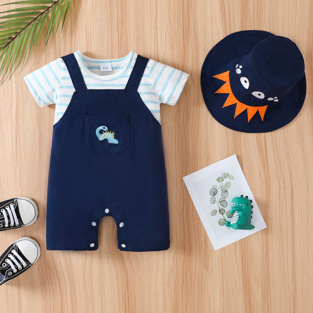 2pcs Baby Boy 95% Cotton Striped Short-sleeve Faux-two Cartoon Dinosaur Embroidered Romper with Hat Set