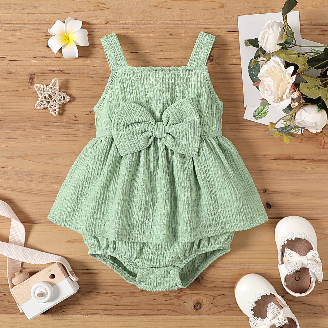 Baby Girl Bow Front Solid Textured Sleeveless Romper