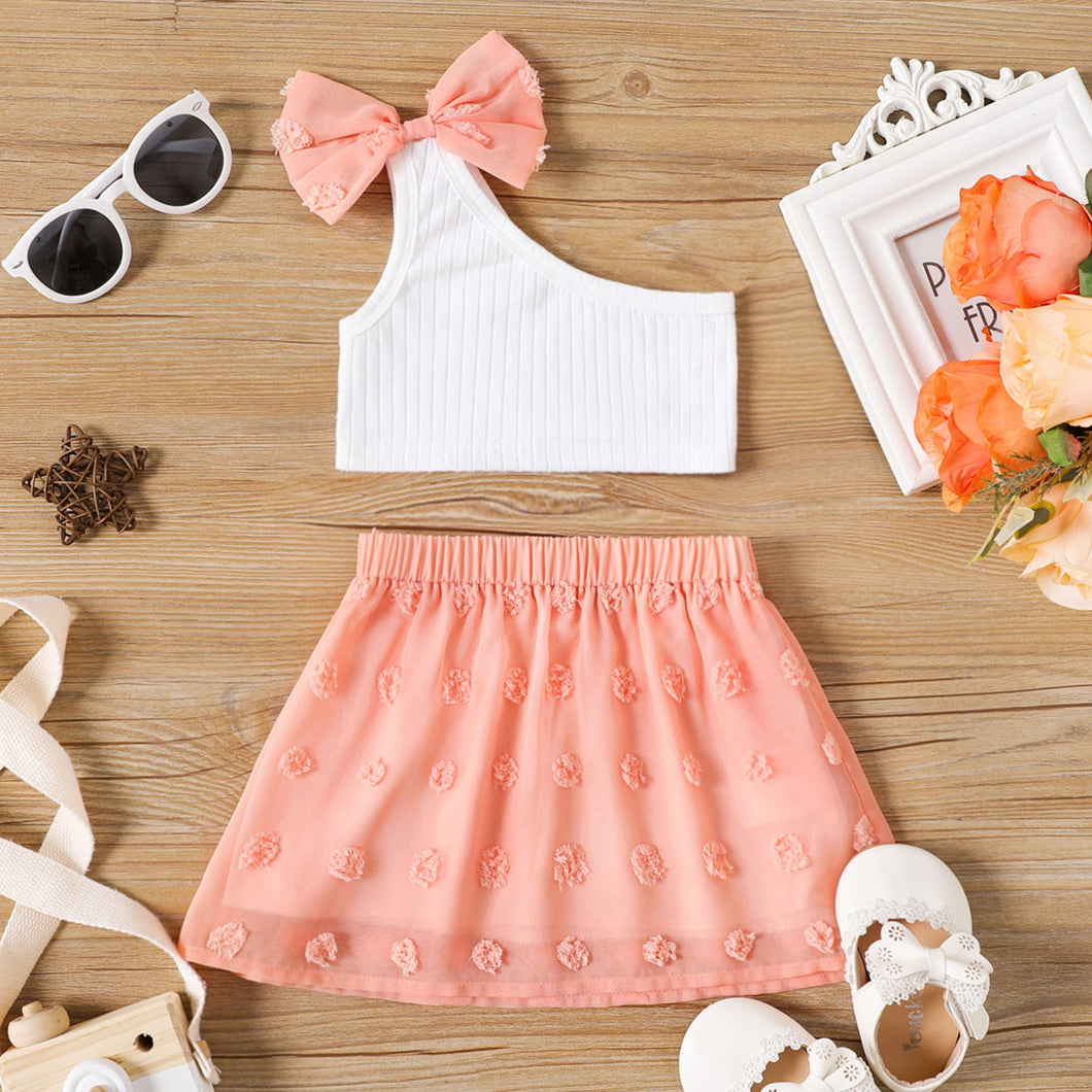 2pcs Baby Girl Rib Knit One Shoulder Crop Top and Swiss Dot Skirt Set