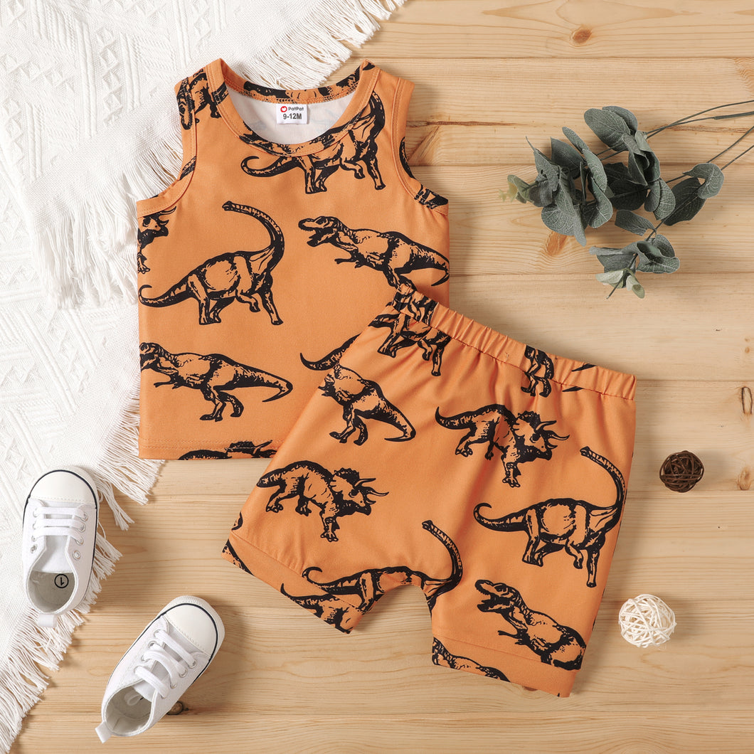 2pcs Baby Boy Allover Dinosaur Print Tank Top and Shorts Set