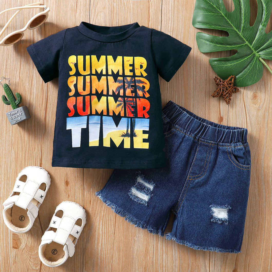 2pcs Baby Boy 95% Cotton Short-sleeve Letter Print T-shirt and Ripped Denim Shorts Set