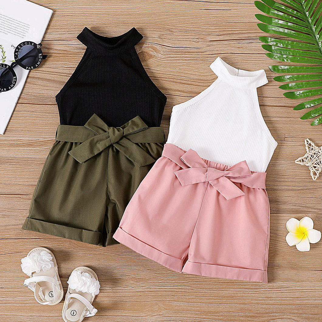 2pcs Baby Girl Keyhole Back Halter Top and Roll Up Hem Shorts Set