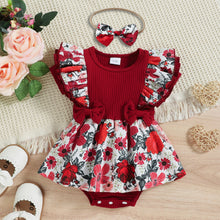 Load image into Gallery viewer, Baby Girl 95% Cotton Rib Knit Splicing Floral Print Ruffle Trim Short-sleeve Romper
