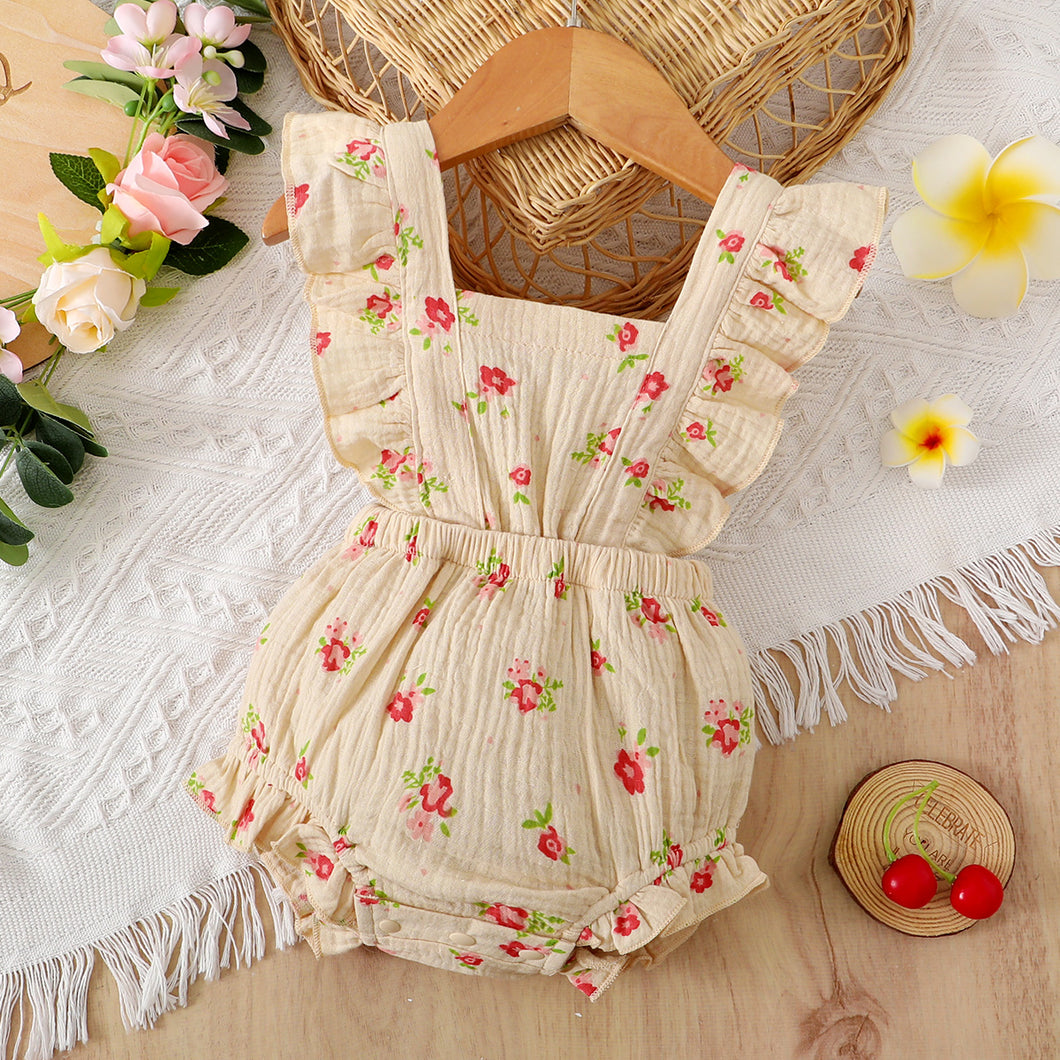 Baby Girl All Over Floral Print Crepe Ruffle Trim Sleeveless Romper