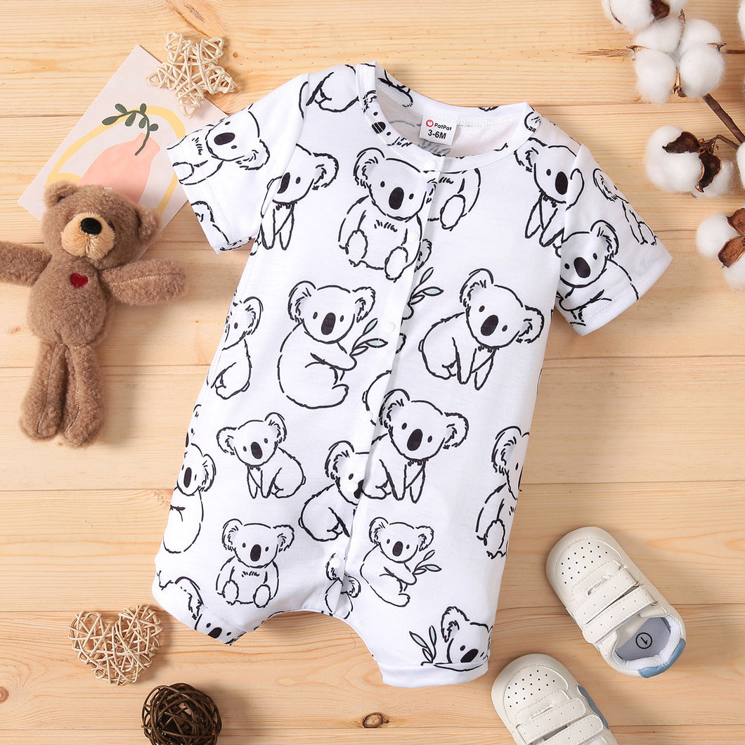 Baby Boy Koala Print White/Grey Striped Short-sleeve Snap Romper