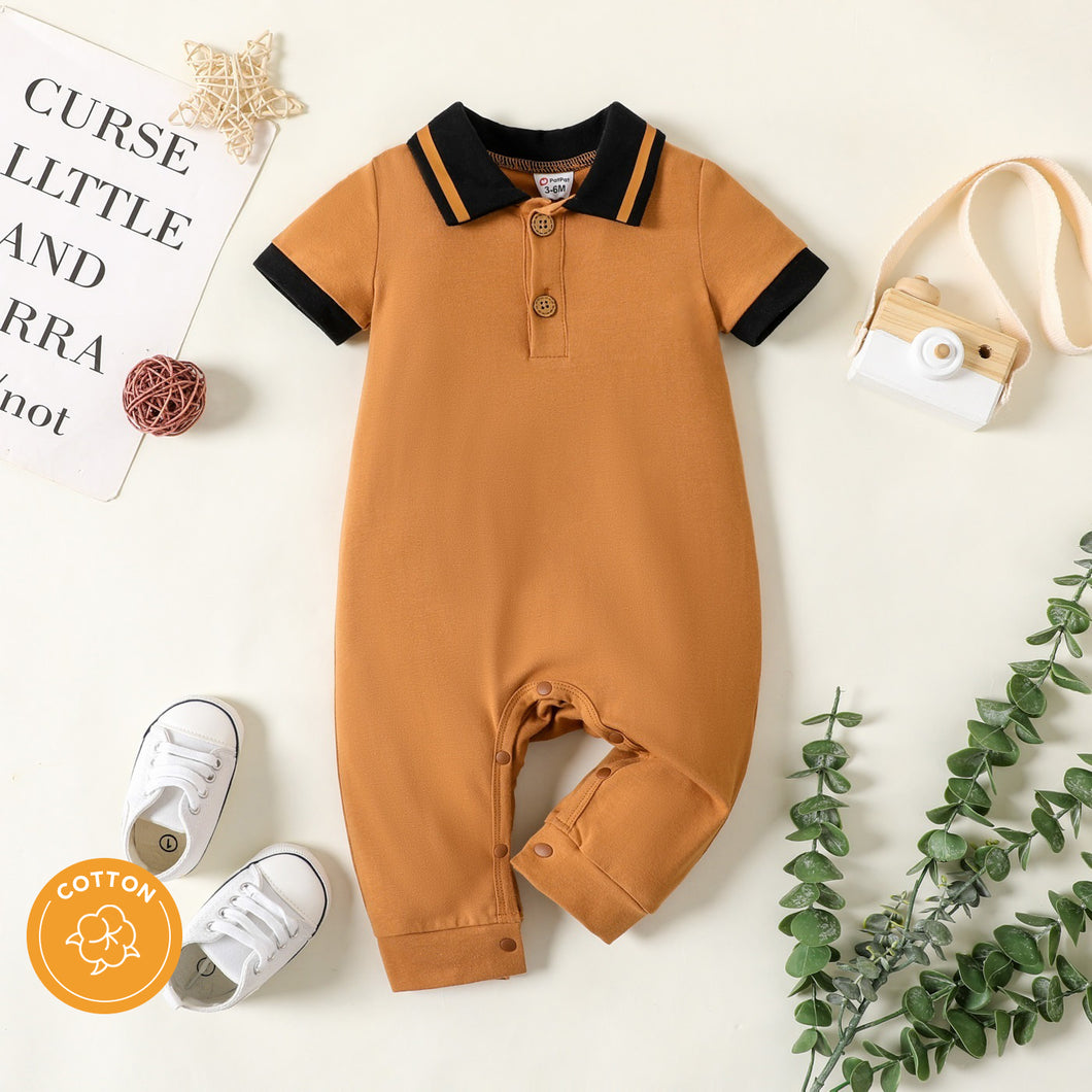 Baby Girl 95% Cotton Short-sleeve Contrast Polo Neck Button Front Jumpsuit