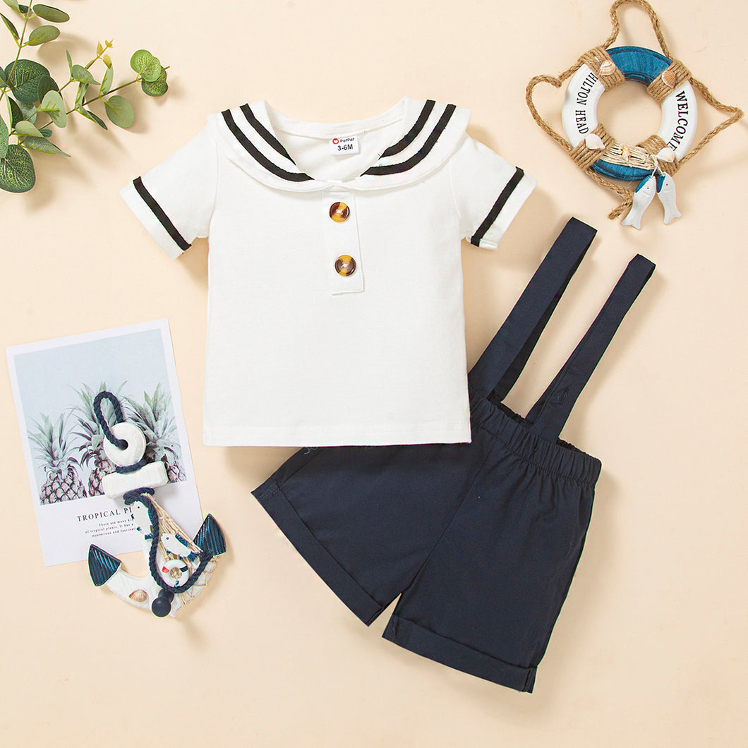 2pcs Baby Boy/Girl 100% Cotton Suspender Shorts andContrast Sailor Collar Short-sleeve Top Set