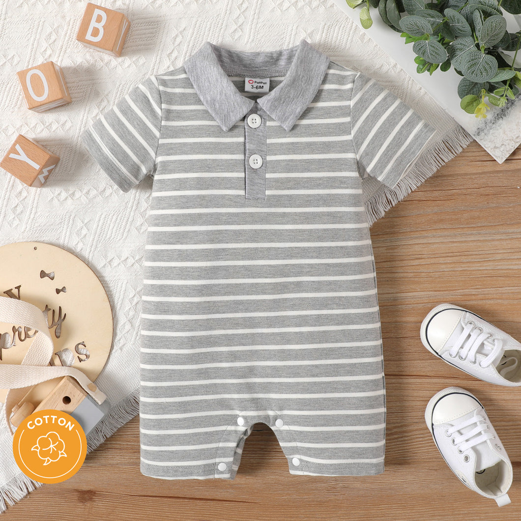 Baby Boy 95% Cotton Short-sleeve Polo Neck Striped Romper