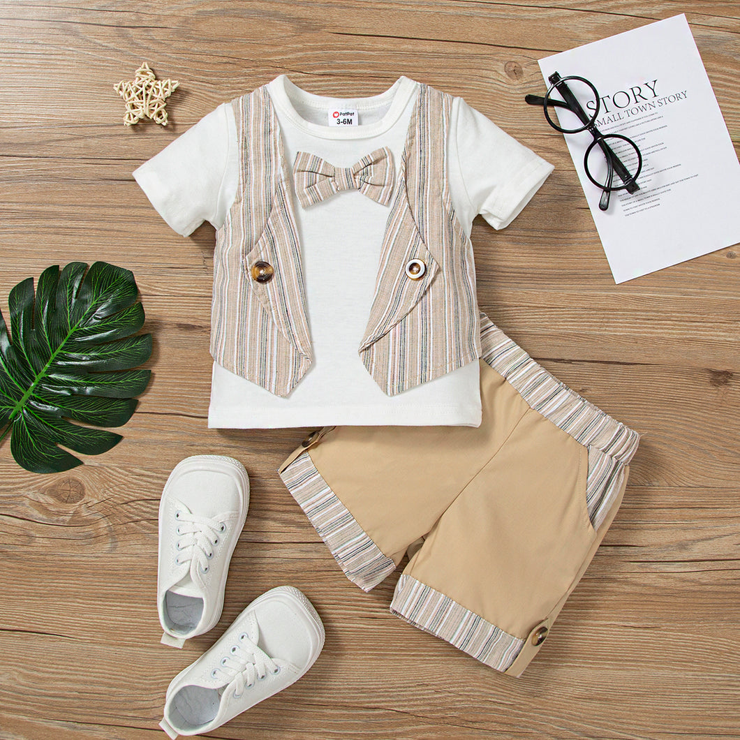 2pcs Baby Boy 100% Cotton Striped Waistcoat Faux-two Short-sleeve Top and Spliced Shorts Set