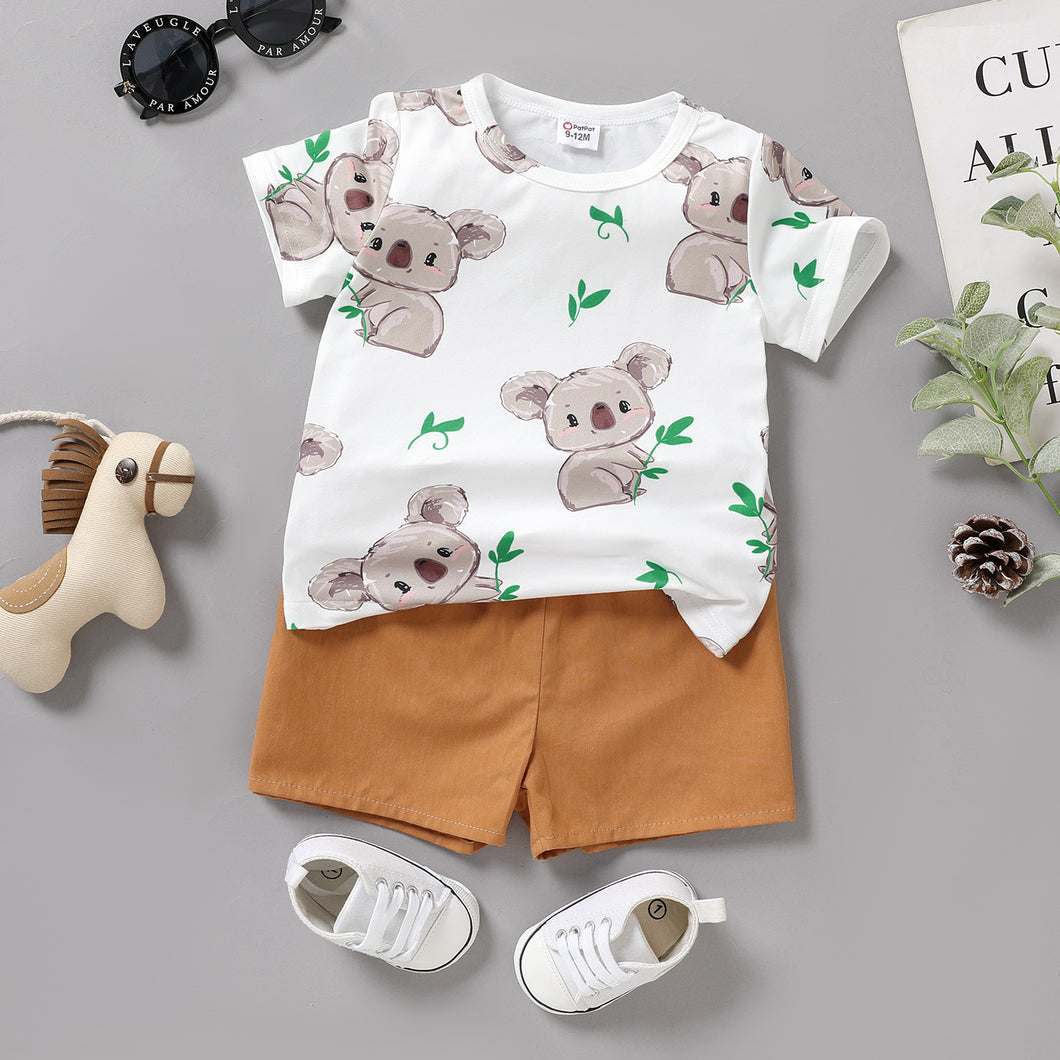 2pcs Baby Boy 100% Cotton Shorts and Allover Cartoon Koala Print Short-sleeve T-shirt Set