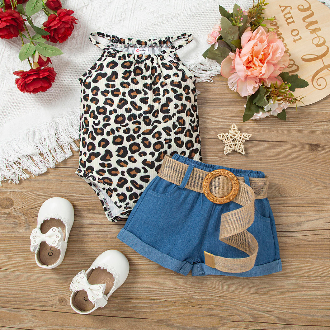 2pcs Baby Girl Leopard Halter Romper and Belted Imitation Denim Shorts Set