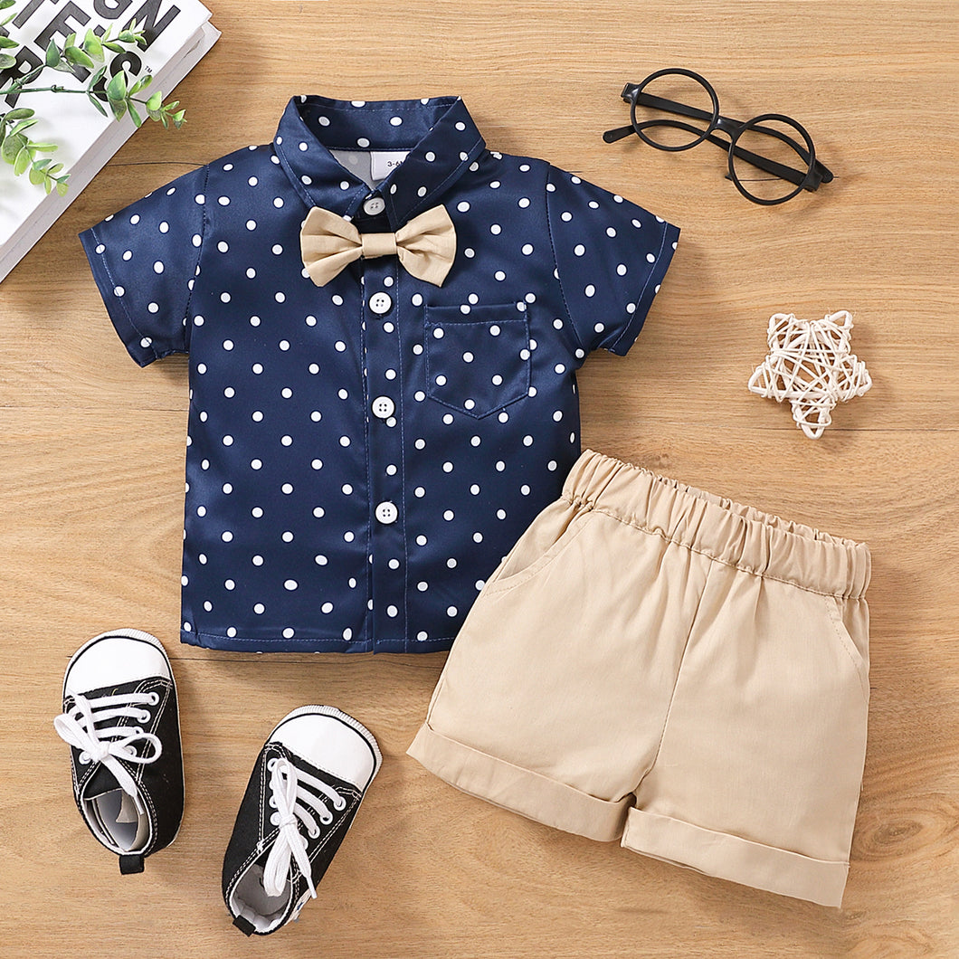 2pcs Baby Boy 100% Cotton Roll Up Hem Shorts and Bow Tie Decor Polka Dots Short-sleeve Shirt Set