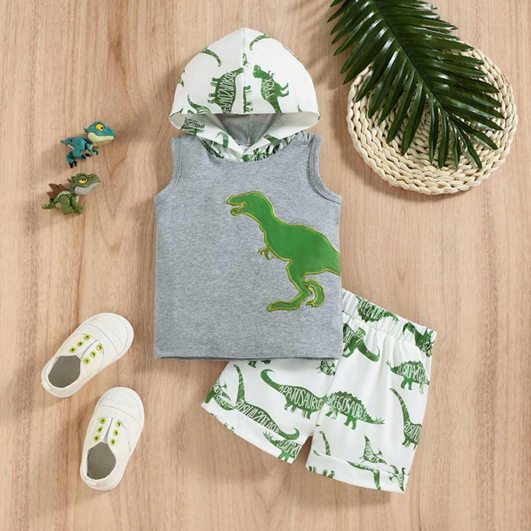 2pcs Baby Boy Allover Dinosaur Print Hooded Tank Top and Shorts Set