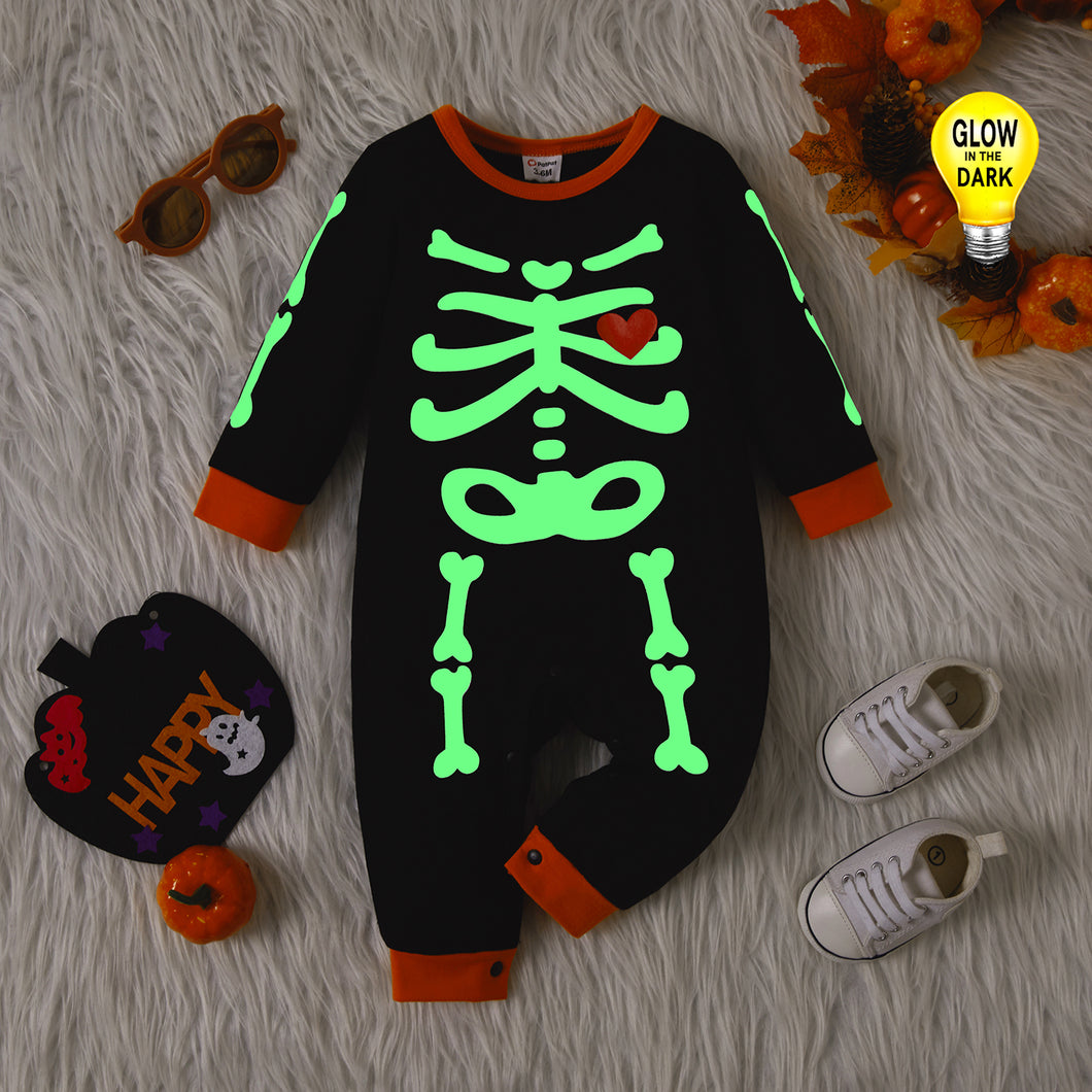 Halloween Baby Boy 96% Cotton Long-sleeve Glow In The Dark Skeleton Print Jumpsuit