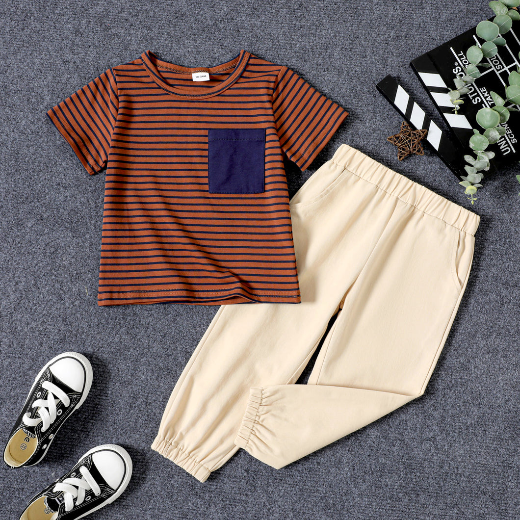 2pcs Toddler Boy Casual Stripe Pocket Design Tee and Pants Set