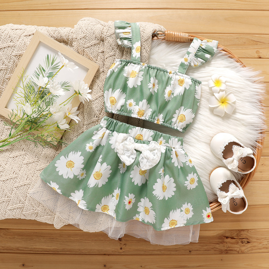 2pcs Baby Girl Allover Daisy Floral Print Green Flutter-sleeve Crop Top and Lace Bowknot Skirt Set