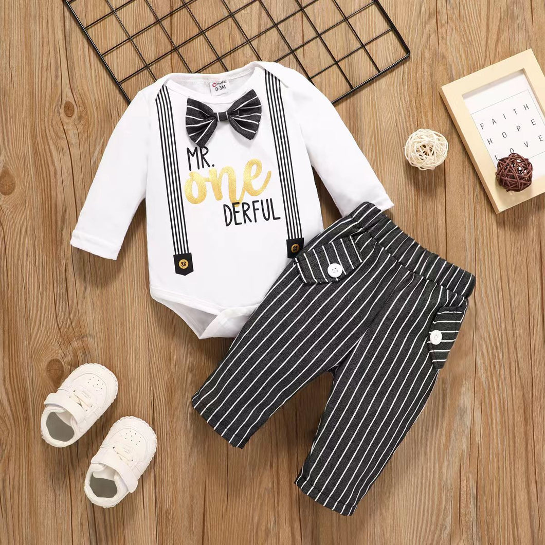 2pcs Baby Boy 95% Cotton Long-sleeve Letter Print Gentleman Romper and Striped Pants Set