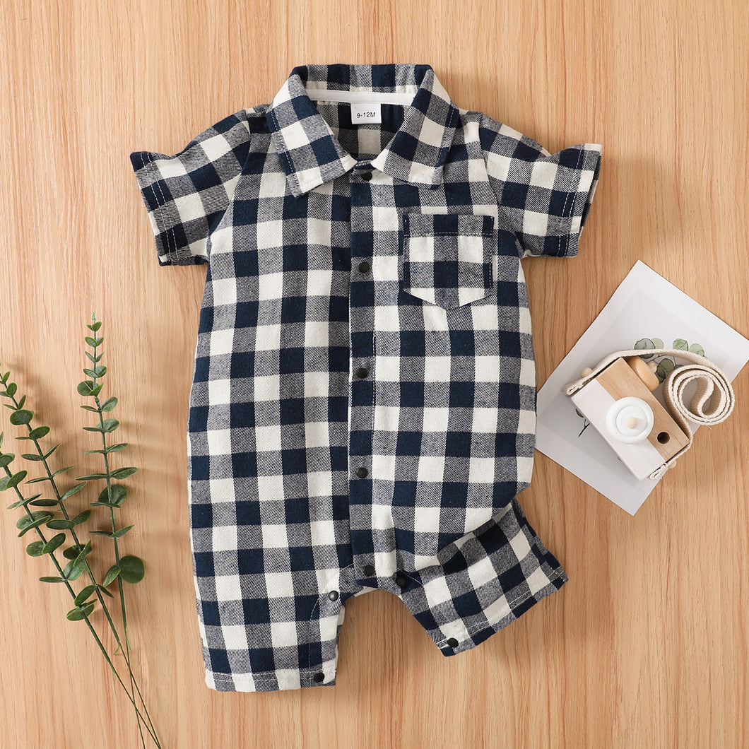 Plaid Print Lapel Collar Short-sleeve Baby Romper