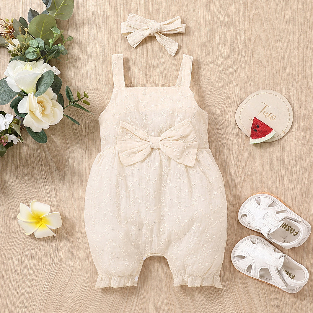 100% Cotton 2pcs Baby Girl Solid Floral Embroidered Sleeveless Spaghetti Strap Bowknot Jumpsuit with Headband Set