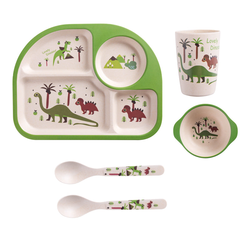 5Pcs Bamboo Fiber Kids Dinnerware Set Cartoon Feeding Tableware Includes Plate & Bowl & Cup & Fork & Spoon Utensils