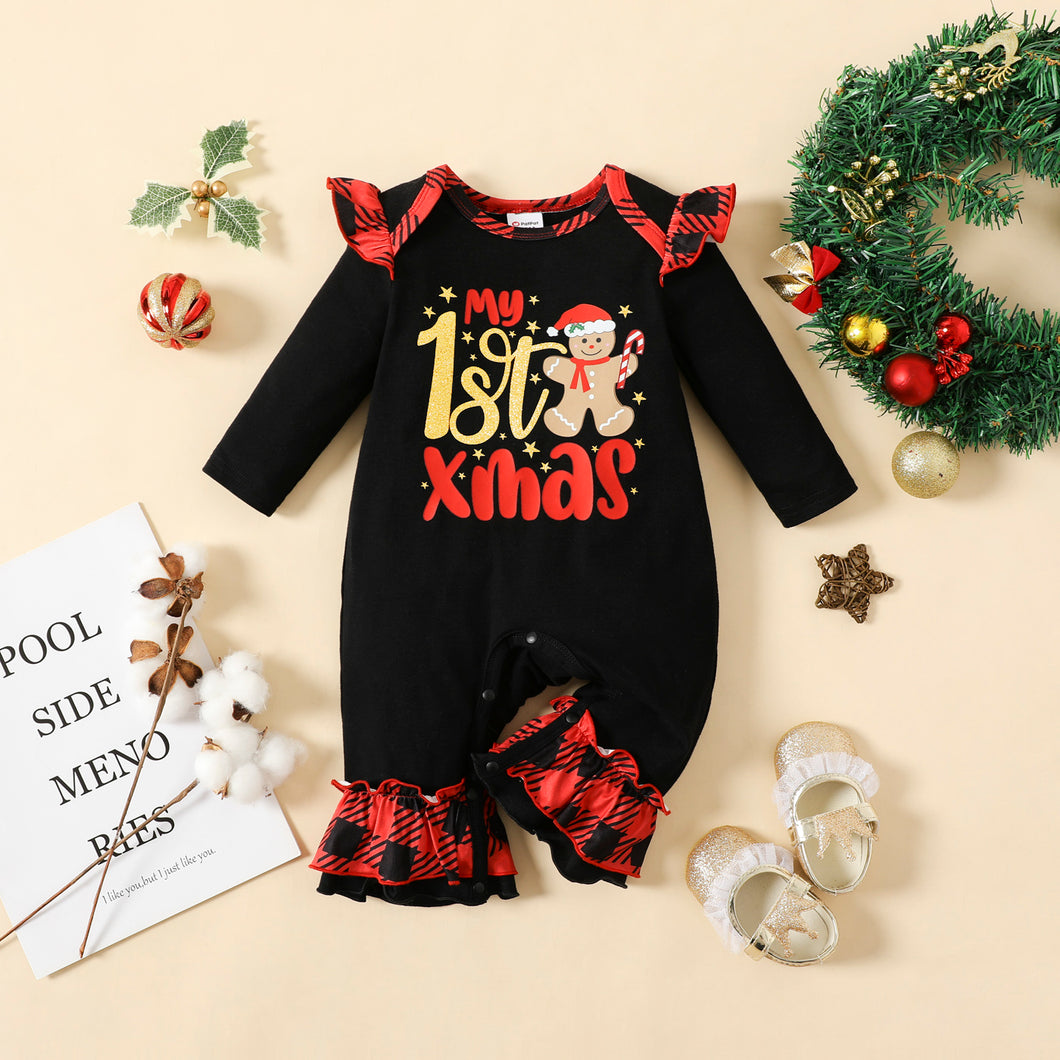 Christmas Baby Girl 95% Cotton Long-sleeve Gingerbread Man & Letter Print Red Plaid Ruffle Trim Jumpsuit