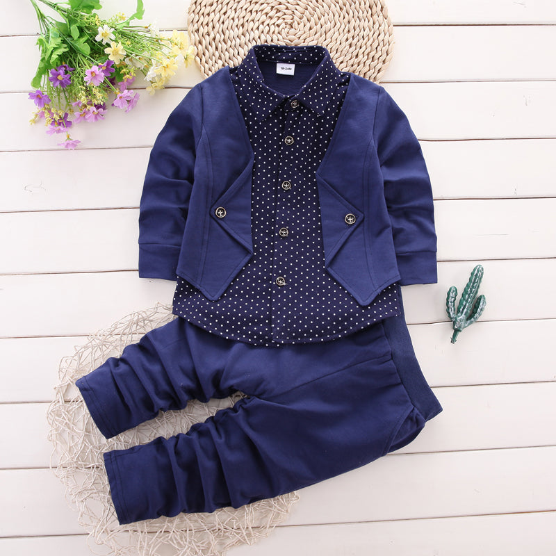 2pcs Toddler Boy Preppy style Faux-two Polka dots Long-sleeve Shirt and Pants Set