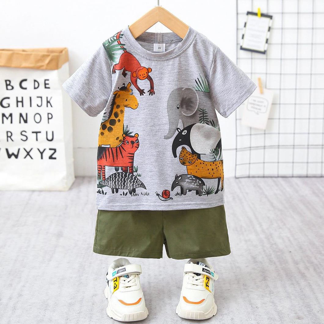 2pcs Toddler Boy Playful Animal Print Tee and Shorts Set