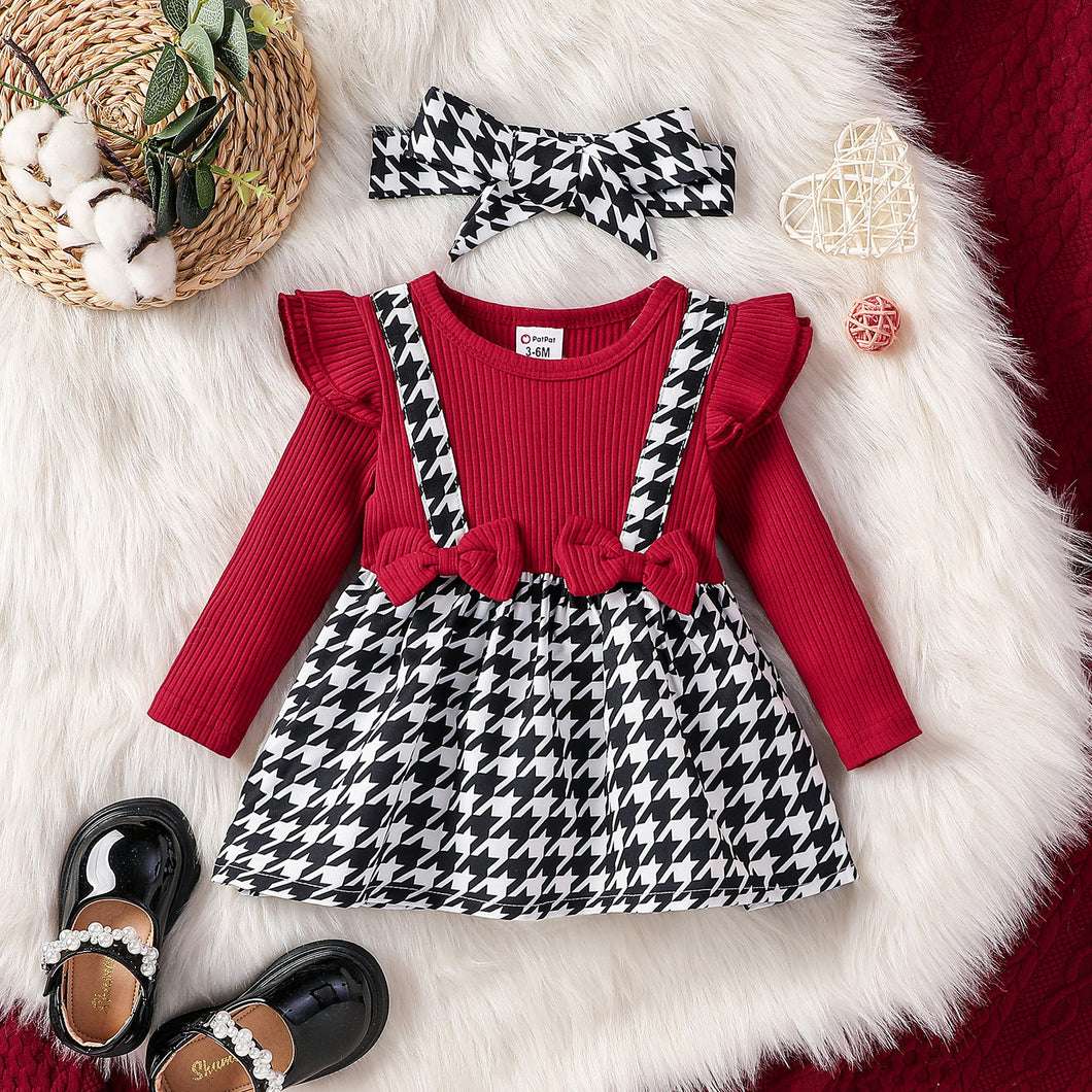 2pcs Baby Girl Houndstooth Spliced Ribbed Ruffle Trim Long-sleeve Dress with Headband Set