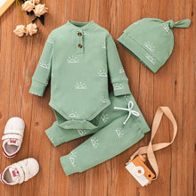 Load image into Gallery viewer, 3-piece Baby Boy/Girl 95% Cotton Ribbed Long-sleeve Sun Print Button Design Romper and Elasticized Pants with Cap Set
