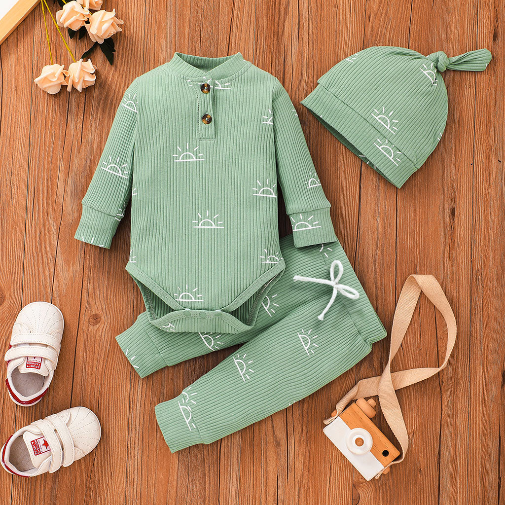 3-piece Baby Boy/Girl 95% Cotton Ribbed Long-sleeve Sun Print Button Design Romper and Elasticized Pants with Cap Set