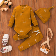 Load image into Gallery viewer, 3-piece Baby Boy/Girl 95% Cotton Ribbed Long-sleeve Sun Print Button Design Romper and Elasticized Pants with Cap Set
