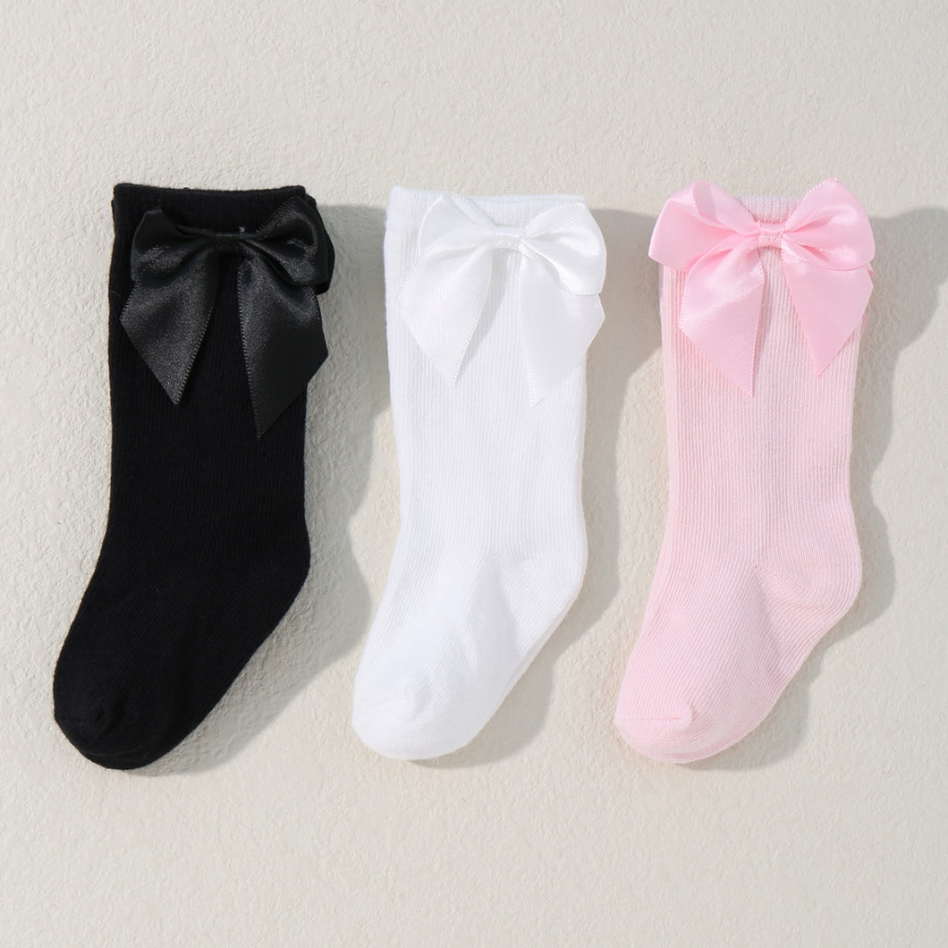 3 Pairs Baby Bow Decor Solid Crew Socks