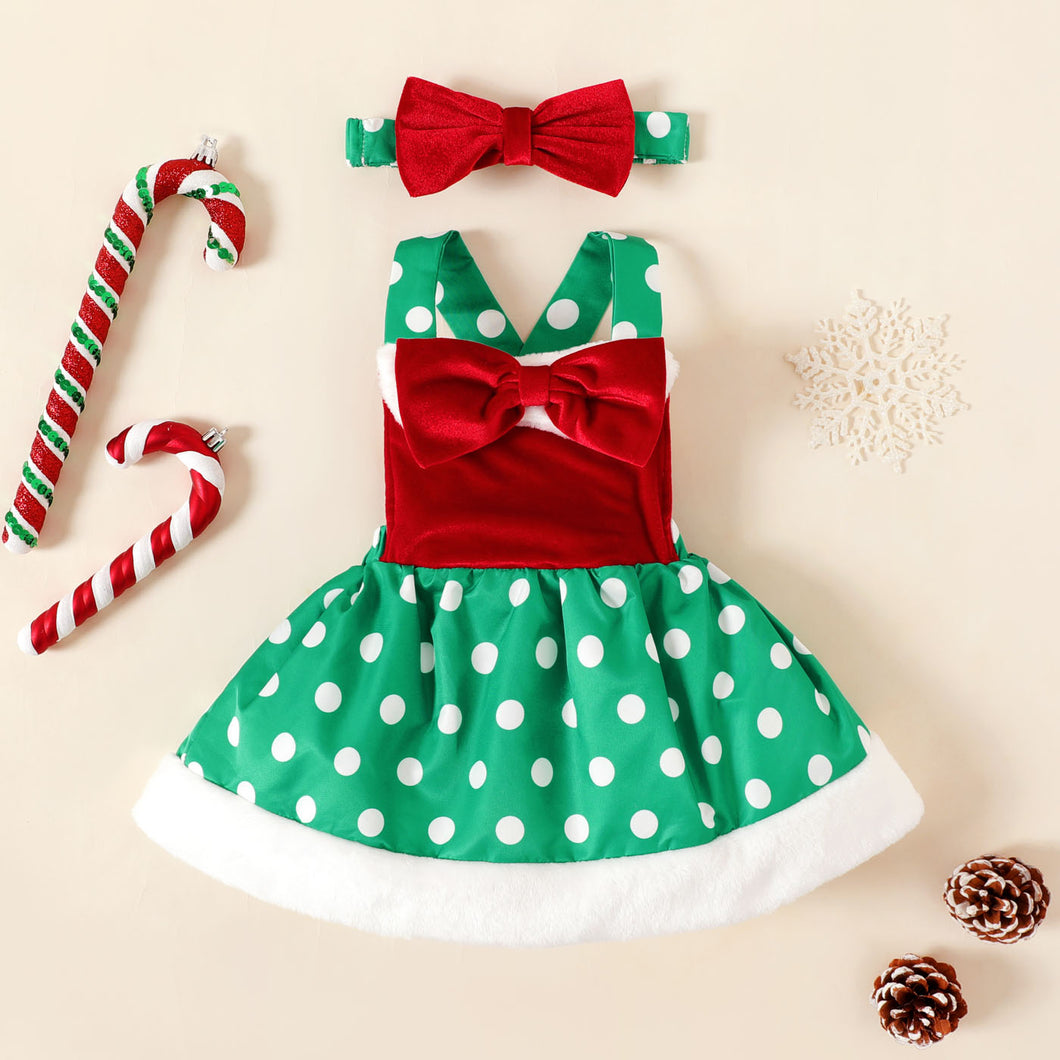 Christmas 2pcs Baby Girl Velvet Bow Front Spliced Polka Dot Overall Dress with Headband Set