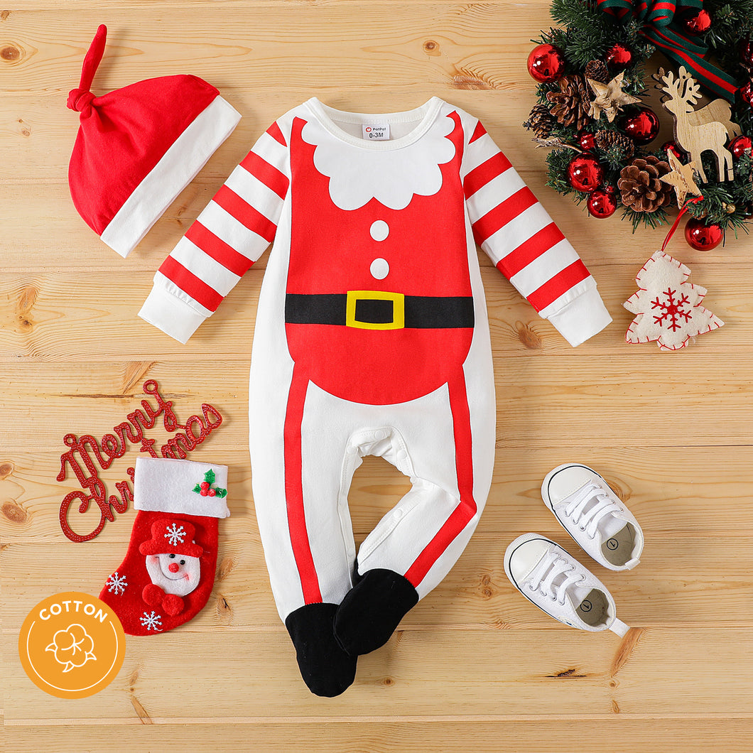 Christmas 2pcs Baby Boy/Girl 95% Cotton Striped Long-sleeve Footed Santa Outfits Jumpsuit with Hat Set