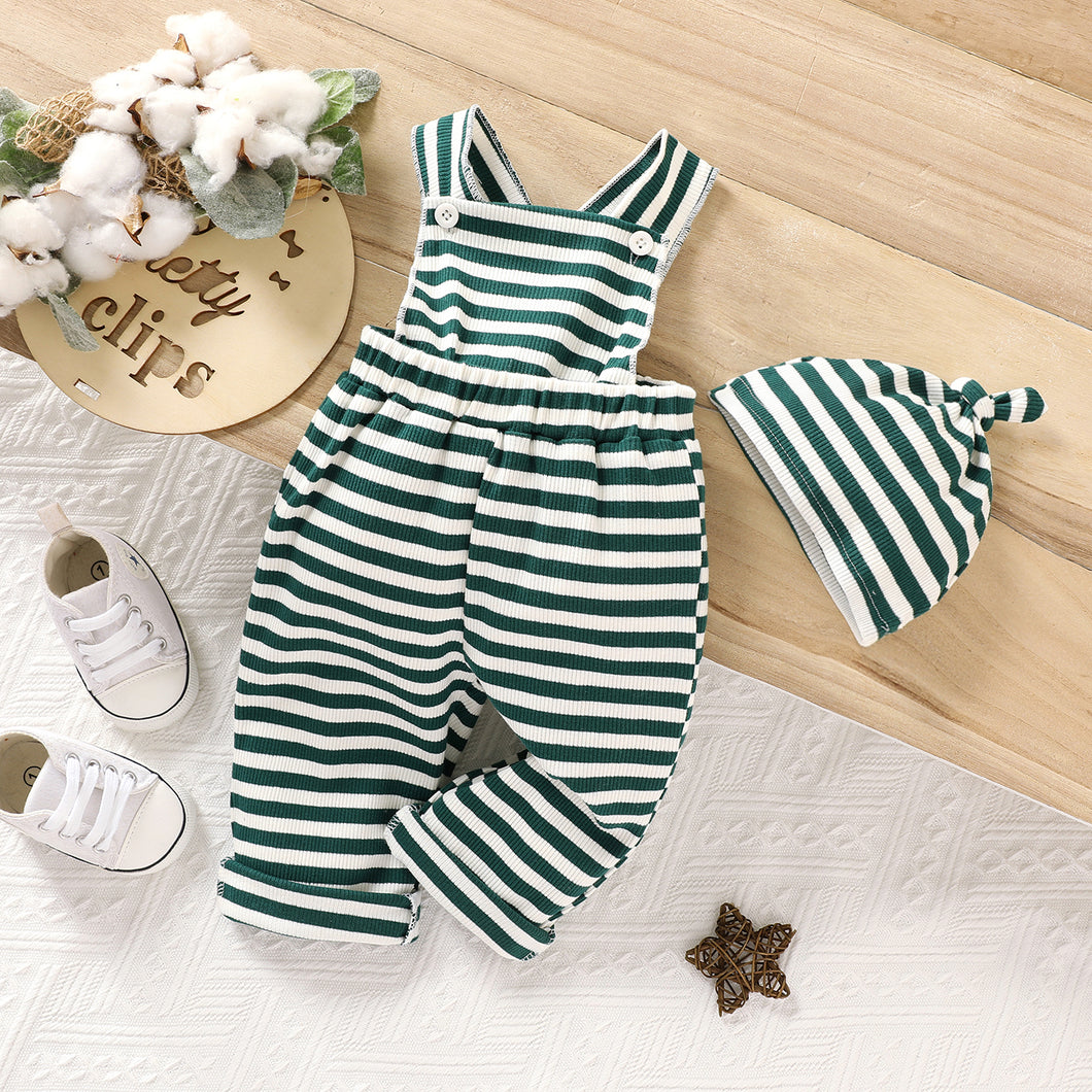 2pcs Baby Boy/Girl 95% Cotton Rib Knit Green Striped Overalls with Hat Set