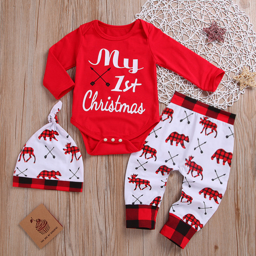 Christmas 3pcs Baby Boy/Girl 100% Cotton Long-sleeve Letter Print Romper and Allover Plaid Bear Graphic Pants with Hat Set