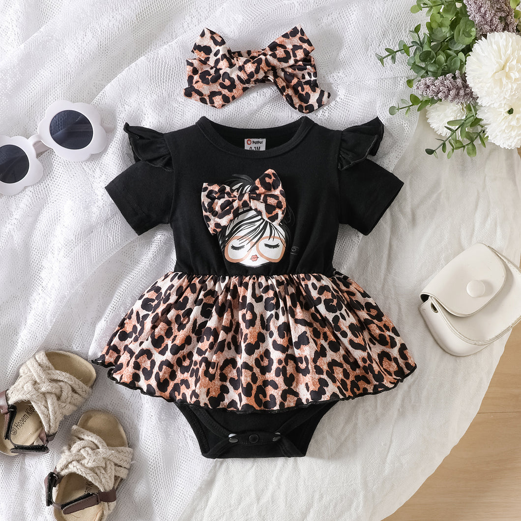 2pcs Baby Girl 95% Cotton Figure Graphic Spliced Leopard Print Ruffle Short-sleeve Romper & Headband Set