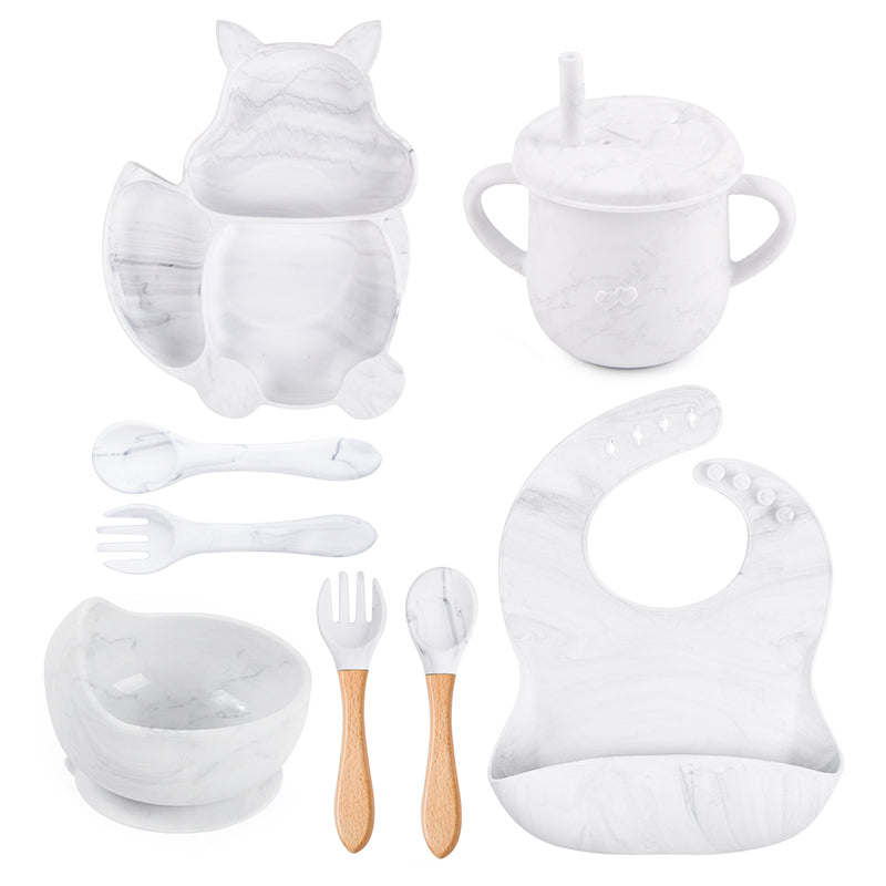 8Pcs Silicone Baby Feeding Tableware Set Includes Suction Bowl & Divided Plates & Adjustable Bib & Straw Sippy Cup with Lid & Forks & Spoons