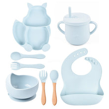 Load image into Gallery viewer, 8Pcs Silicone Baby Feeding Tableware Set Includes Suction Bowl &amp; Divided Plates &amp; Adjustable Bib &amp; Straw Sippy Cup with Lid &amp; Forks &amp; Spoons
