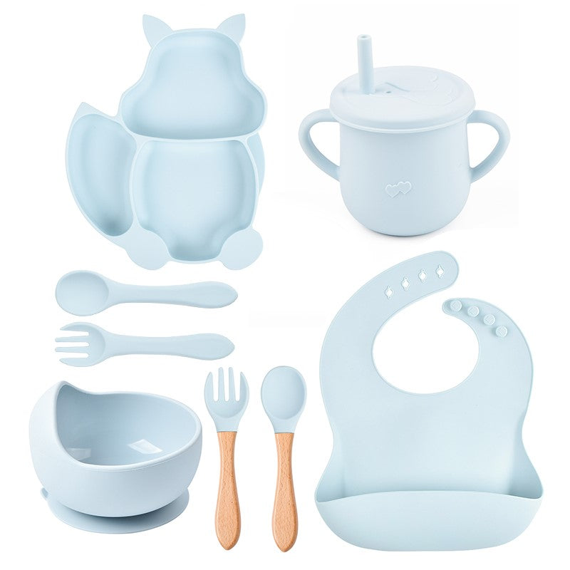 8Pcs Silicone Baby Feeding Tableware Set Includes Suction Bowl & Divided Plates & Adjustable Bib & Straw Sippy Cup with Lid & Forks & Spoons